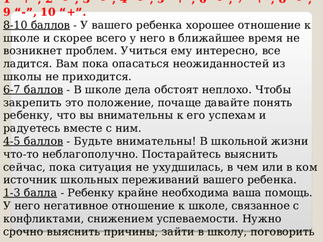 Подсчитайте количество совпадений: 1 “ + ” , 2 “ - ” , 3 “ - ” , 4 “ - ” , 5 “ + ” , 6 “ - ” , 7 “ + ” , 8 “ - ” , 9 “ - ” , 10 “ + ” . 8-10 баллов - У вашего ребенка хорошее отношение к школе и скорее всего у него в ближайшее время не возникнет проблем. Учиться ему интересно, все ладится. Вам пока опасаться неожиданностей из школы не приходится. 6-7 баллов - В школе дела обстоят неплохо. Чтобы закрепить это положение, почаще давайте понять ребенку, что вы внимательны к его успехам и радуетесь вместе с ним. 4-5 баллов - Будьте внимательны! В школьной жизни что-то неблагополучно. Постарайтесь выяснить сейчас, пока ситуация не ухудшилась, в чем или в ком источник школьных переживаний вашего ребенка. 1-3 балла - Ребенку крайне необходима ваша помощь. У него негативное отношение к школе, связанное с конфликтами, снижением успеваемости. Нужно срочно выяснить причины, зайти в школу, поговорить с учителями, другими специалистами и совместно наметить конкретные шаги к исправлению ситуации . 