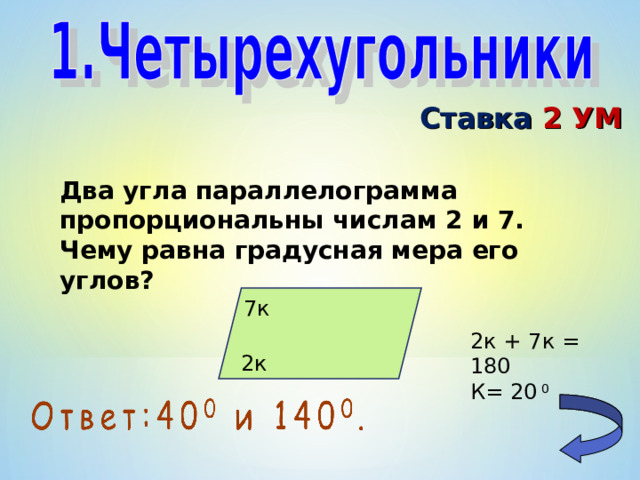 Ставка 2 УМ Два угла параллелограмма пропорциональны числам 2 и 7. Чему равна градусная мера его углов? 7к 2к + 7к = 180 К= 20 0 2к