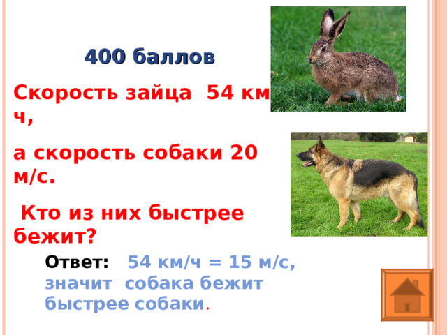 400 баллов Скорость зайца 54 км/ч, а скорость собаки 20 м/с.  Кто из них быстрее бежит? Ответ: 54 км/ч = 15 м/с, значит собака бежит быстрее собаки .