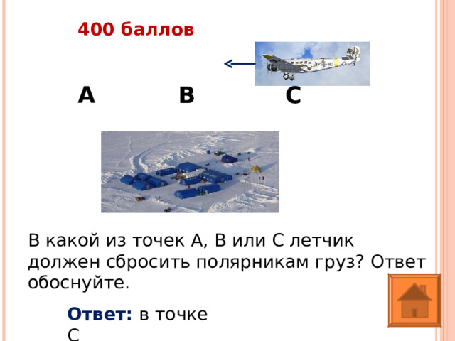 400 баллов А В С В какой из точек А, В или С летчик должен сбросить полярникам груз? Ответ обоснуйте. Ответ: в точке С