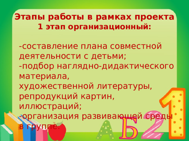 Этапы работы в рамках проекта  1 этап организационный: -составление плана совместной деятельности с детьми; -подбор наглядно-дидактического материала, художественной литературы, репродукций картин, иллюстраций; -организация развивающей среды в группе. 