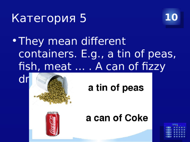 Категория 5 10 They mean different containers. E.g., a tin of peas, fish, meat … . A can of fizzy drink, lemonade, … . 