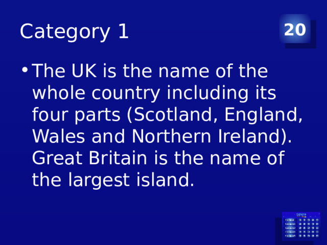 Category 1 20 The UK is the name of the whole country including its four parts (Scotland, England, Wales and Northern Ireland). Great Britain is the name of the largest island. 