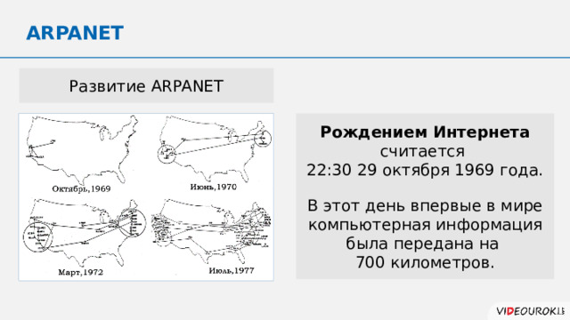 ARPANET Развитие ARPANET Рождением Интернета считается 22:30 29 октября 1969 года. В этот день впервые в мире компьютерная информация была передана на 700 километров. 