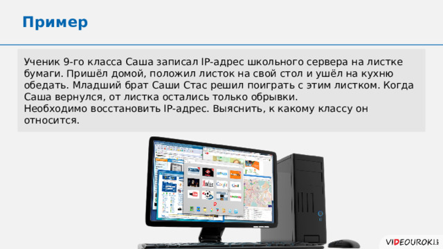 Пример Ученик 9-го класса Саша записал IP-адрес школьного сервера на листке бумаги. Пришёл домой, положил листок на свой стол и ушёл на кухню обедать. Младший брат Саши Стас решил поиграть с этим листком. Когда Саша вернулся, от листка остались только обрывки. Необходимо восстановить IP-адрес. Выяснить, к какому классу он относится. 