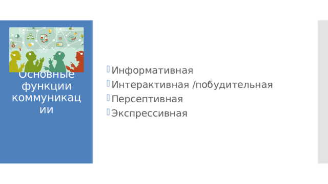 Информативная Интерактивная /побудительная Персептивная Экспрессивная Основные функции коммуникации 