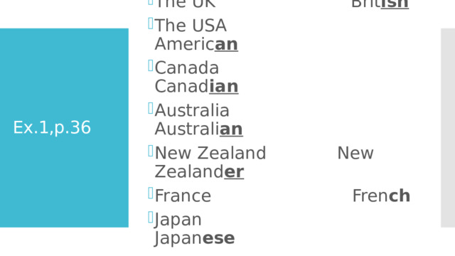 The UK Brit ish The USA Americ an Canada Canad ian  Australia Australi an New Zealand New Zealand er  France Fren ch  Japan Japan ese Ex.1,p.36 
