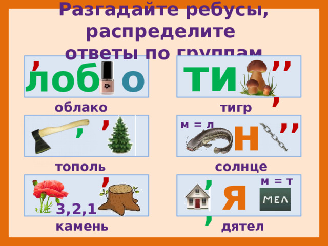 Разгадайте ребусы, распределите  ответы по группам , ,,, ти о лоб  , ,, тигр облако , н м = л , ,, солнце тополь я м = т 3,2,1 камень дятел 