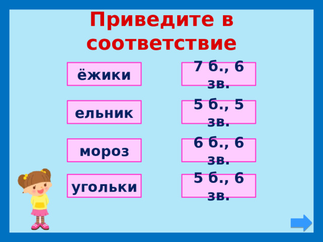 Приведите в соответствие 7 б., 6 зв. ёжики 5 б., 5 зв. ельник мороз 6 б., 6 зв. 5 б., 6 зв. угольки 