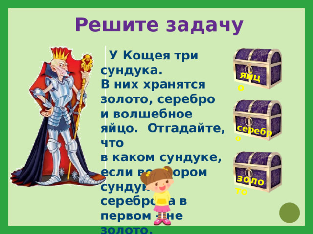 золото яйцо серебро Решите задачу  У Кощея три сундука. В них хранятся золото, серебро и волшебное яйцо. Отгадайте, что в каком сундуке, если во втором сундуке – серебро, а в первом – не золото. 