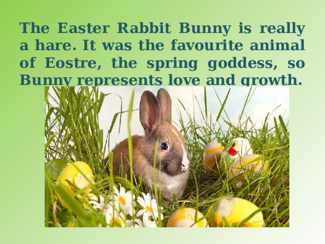 The Easter Rabbit Bunny is really a hare. It was the favourite animal of Eostre, the spring goddess, so Bunny represents love and growth. 