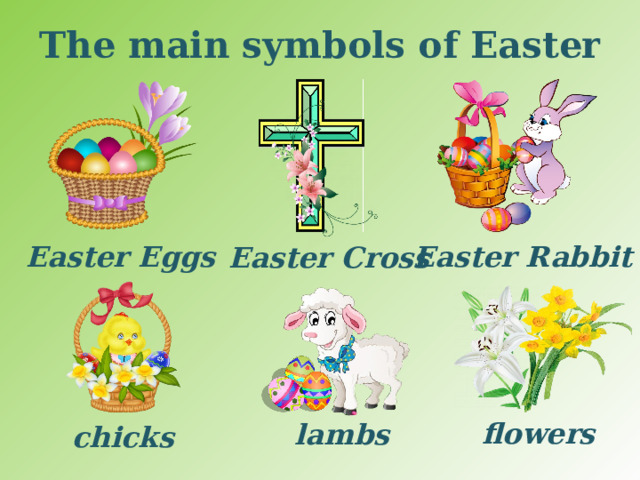 The main symbols of Easter Easter Eggs Easter Rabbit Easter Cross flowers lambs chicks 
