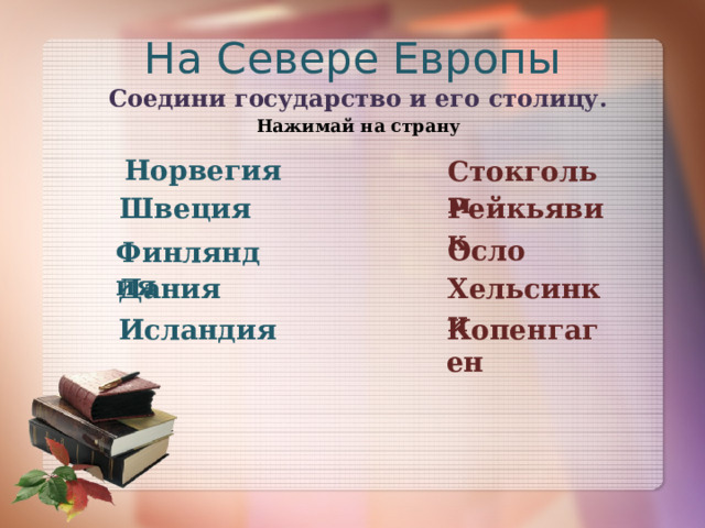 На Севере Европы Соедини государство и его столицу. Нажимай на страну Норвегия Стокгольм Швеция Рейкьявик Осло Финляндия Хельсинки Дания Исландия Копенгаген 