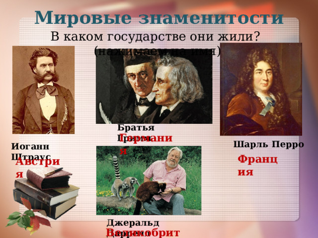 Мировые знаменитости В каком государстве они жили? (нажимаем на имя) Братья Гримм Германия Шарль Перро Иоганн Штраус Франция Австрия Джеральд Даррелл Великобритания  