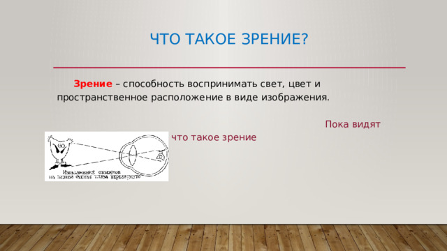 Что такое зрение?  Зрение – способность воспринимать свет, цвет и пространственное расположение в виде изображения.                                         Пока видят глаза – не понимаешь, что такое зрение 