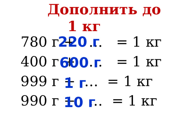  Дополнить до 1 кг 220 г  780 г + … = 1 кг 400 г + … = 1 кг 999 г + … = 1 кг 990 г + … = 1 кг 600 г  1 г  10 г  