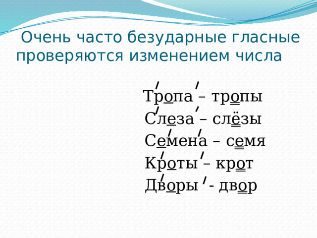  Очень часто безударные гласные проверяются изменением числа  Тр о па – тр о пы  Сл е за – сл ё зы  С е мена – с е мя  Кр о ты – кр о т  Дв о ры - дв о р 