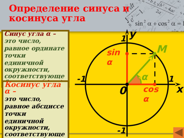 Определение синуса и  косинуса угла y Синус угла α – это число, равное ординате точки единичной окружности, соответствующей углу α. (sin α) 1 M sin α α -1 1 Косинус угла α  –  это число, равное абсциссе точки единичной окружности, соответствующей углу α.  (cos α) x 0 cos α -1 