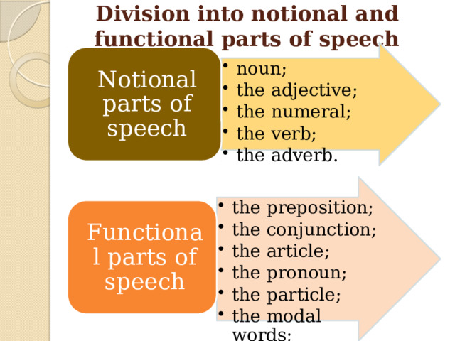 Division into notional and functional parts of speech noun; the adjective; the numeral; the verb; the adverb. noun; the adjective; the numeral; the verb; the adverb. Notional parts of speech the preposition; the conjunction; the article; the pronoun; the particle; the modal words; the interjection. the preposition; the conjunction; the article; the pronoun; the particle; the modal words; the interjection. Functional parts of speech 