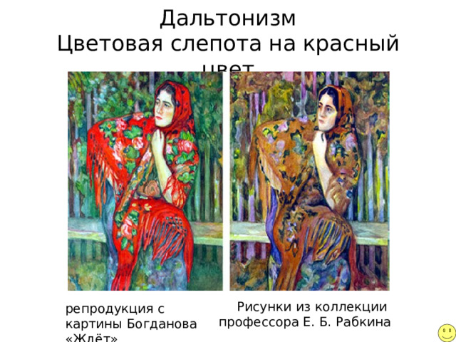 Дальтонизм  Цветовая слепота на красный цвет Рисунки из коллекции профессора Е. Б. Рабкина репродукция с картины Богданова «Ждёт»