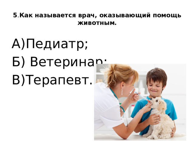 5 . Как называется врач, оказывающий помощь животным.   А)Педиатр; Б) Ветеринар; В)Терапевт. 