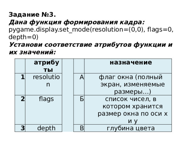 Задание №3. Дана функция формирования кадра: pygame.display.set_mode(resolution=(0,0), flags=0, depth=0) Установи соответствие атрибутов функции и их значений:   атрибуты 1 resolution 2     flags 3 А depth назначение Б флаг окна (полный экран, изменяемые размеры…) список чисел, в котором хранится размер окна по оси х и у В глубина цвета 