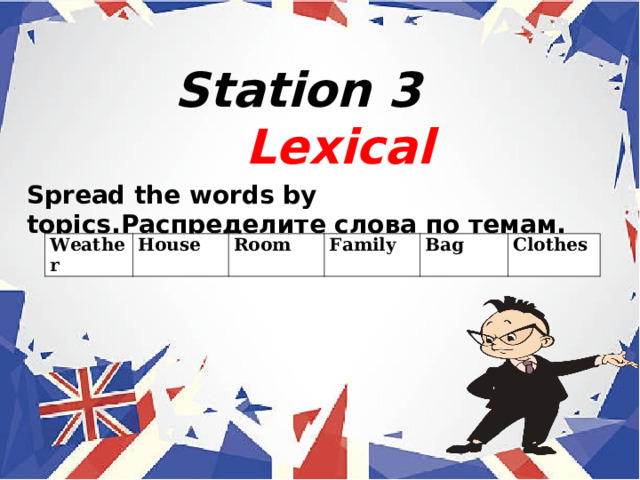 Station 3  Lexical Spread the words by topics. Распределите слова по темам.  Weather House Room Family Bag Clothes 