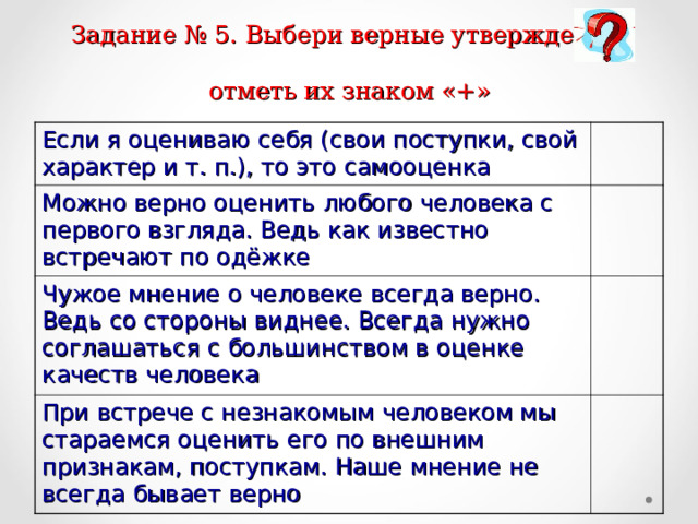 Проверь себя  Рабочая тетрадь. стр. 9,  Задание № 5. Выбери верные утверждения, отметь их знаком «+» Если я оцениваю себя (свои поступки, свой характер и т. п.), то это самооценка Можно верно оценить любого человека с первого взгляда. Ведь как известно встречают по одёжке Чужое мнение о человеке всегда верно. Ведь со стороны виднее. Всегда нужно соглашаться с большинством в оценке качеств человека При встрече с незнакомым человеком мы стараемся оценить его по внешним признакам, поступкам. Наше мнение не всегда бывает верно 