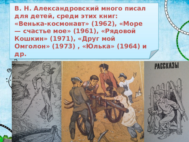 В. Н. Александровский много писал для детей, среди этих книг: «Венька-космонавт» (1962), «Море — счастье мое» (1961), «Рядовой Кошкин» (1971), «Друг мой Омголон» (1973) , «Юлька» (1964) и др. В. Н. Александровский много писал для детей, среди этих книг: «Венька-космонавт» (1962), «Море — счастье мое» (1961), «Рядовой Кошкин» (1971), «Друг мой Омголон» (1973), «Юлька» (1964) и др. 