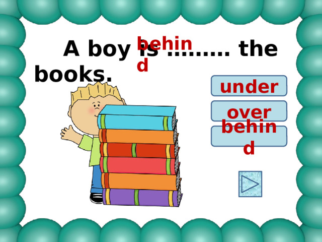 behind  A boy is ……… the books. under over behind 