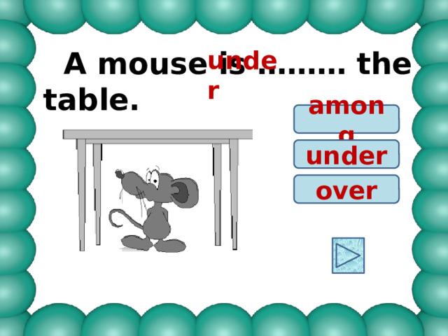  A mouse is ……… the table. under among under over 