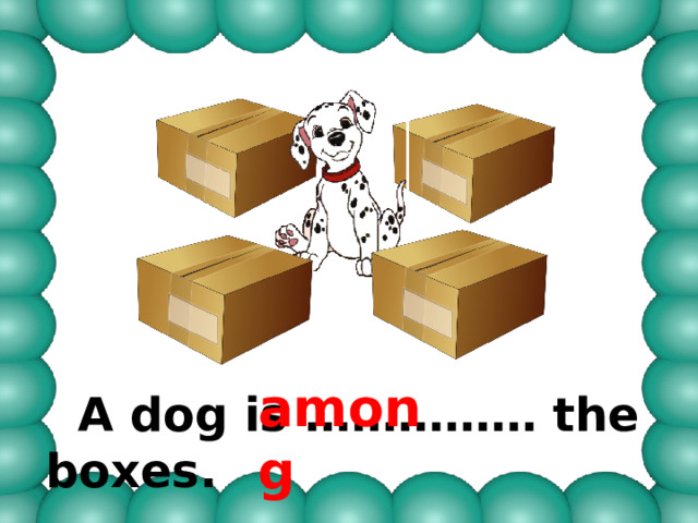 among  A dog is …………… the boxes. 