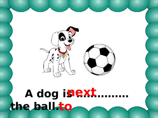  next to  A dog is …………… the ball. 