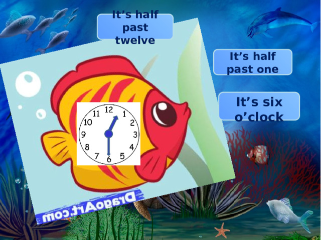 It’s half past twelve It’s half past one  It’s six o’clock  