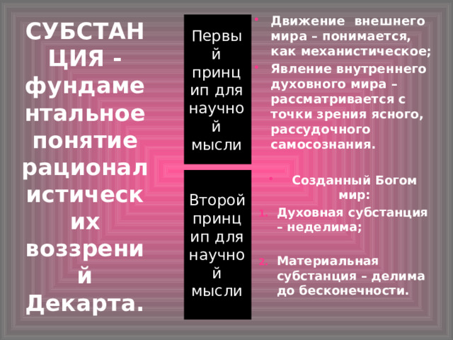 Движение внешнего мира – понимается, как механистическое; Явление внутреннего духовного мира – рассматривается с точки зрения ясного, рассудочного самосознания.  СУБСТАНЦИЯ - фундаментальное понятие рационалистических воззрений Декарта. Первый принцип для научной мысли Второй принцип для научной мысли Созданный Богом мир: Духовная субстанция – неделима;  Материальная субстанция – делима до бесконечности. 11 