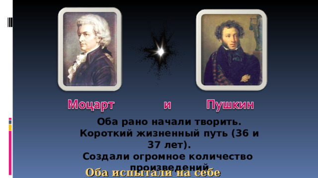 Оба рано начали творить. Короткий жизненный путь (36 и 37 лет). Создали огромное количество произведений  Оба испытали на себе зависть  