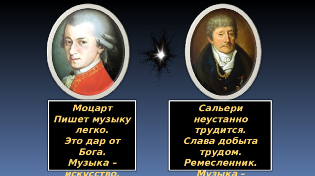 Моцарт Пишет музыку легко. Это дар от Бога. Музыка – искусство. Сальери неустанно трудится. Слава добыта трудом. Ремесленник. Музыка – ремесло. 9 