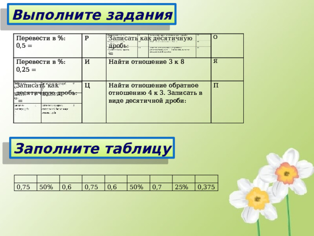 Выполните задания Перевести в %: Перевести в %: Р Перевести в %: Р 0,5 = Перевести в %: 0,5 = И 0,25 = Записать как десятичную дробь: И 0,25 = Записать как десятичную дробь: Найти отношение 3 к 8 Ц Ц Найти отношение 3 к 8 О = О  = Найти отношение обратное отношению 4 к 3. Записать в виде десятичной дроби: Я Найти отношение обратное отношению 4 к 3. Записать в виде десятичной дроби: Я П     П     Заполните таблицу   0,75     50%   0,6 0,75   0,6     50%   0,7   25% 0,375