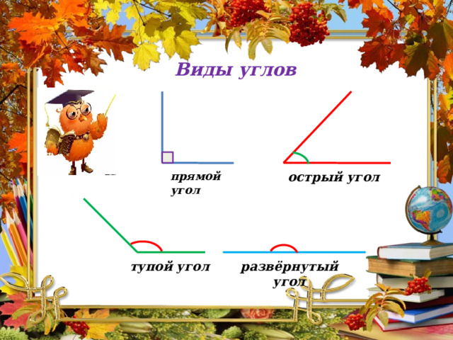 Виды углов острый угол прямой угол тупой угол развёрнутый угол 