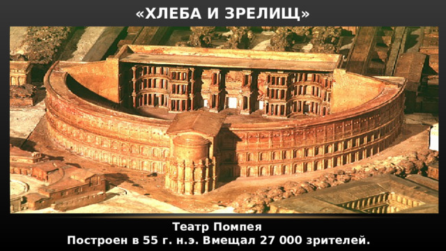 «ХЛЕБА И ЗРЕЛИЩ» Театр Помпея Построен в 55 г. н.э. Вмещал 27 000 зрителей. 