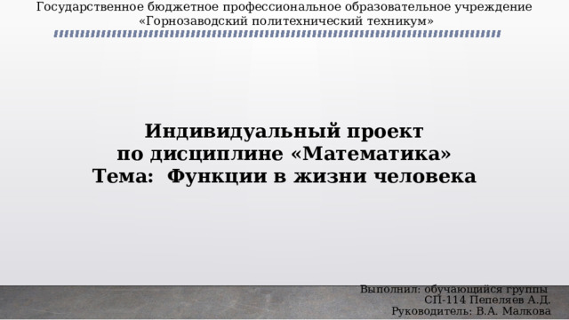 Государственное бюджетное профессиональное образовательное учреждение «Горнозаводский политехнический техникум» Индивидуальный проект по дисциплине  «Математика» Тема:  Функции в жизни человека Выполнил: обучающийся группы СП-114 Пепеляев А.Д. Руководитель: В.А. Малкова 
