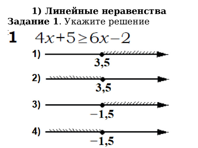 1) Линейные неравенства Задание 1 . Укажите решение неравенства 