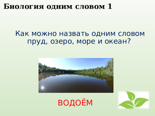 Биология одним словом 1      Как можно назвать одним словом пруд, озеро, море и океан? ВОДОЁМ 