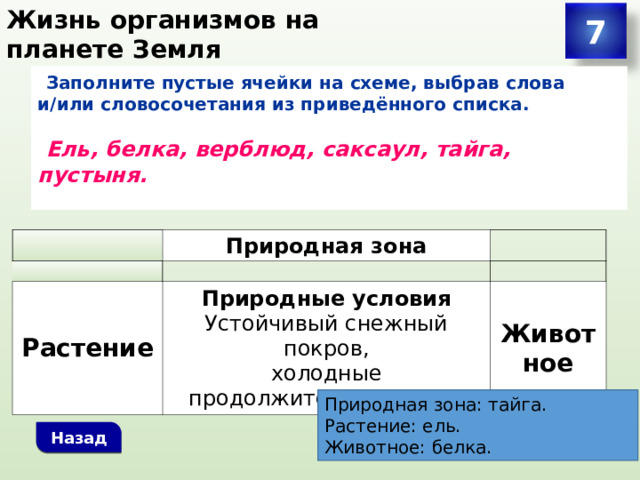 Жизнь организмов на планете Земля 7 Заполните пустые ячейки на схеме, выбрав слова и/или словосочетания из приведённого списка.   Ель, белка, верблюд, саксаул, тайга, пустыня.   Природная зона Растение Природные условия Устойчивый снежный покров, холодные продолжительные зимы Животное Природная зона: тайга. Растение: ель. Животное: белка. Назад 