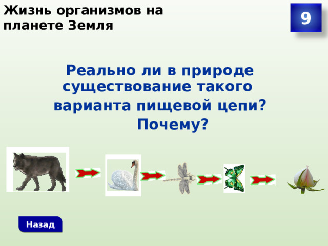 Жизнь организмов на планете Земля 9 Реально ли в природе существование такого варианта пищевой цепи?  Почему?  Назад 