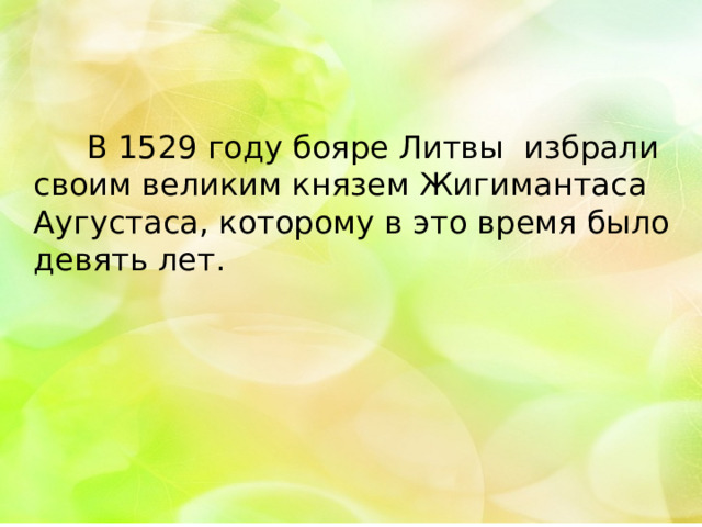  В 1529 году бояре Литвы избрали своим великим князем Жигимантаса Аугустаса, которому в это время было девять лет. 