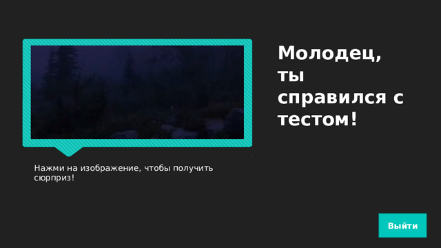 Молодец, ты справился с тестом! Нажми на изображение, чтобы получить сюрприз! Выйти 