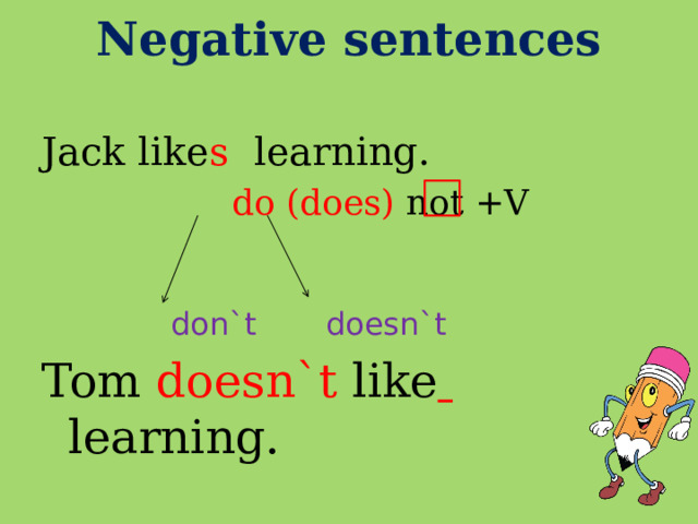 Negative sentences   Jack like s learning.  do (does)  not +V  don`t doesn`t Tom doesn`t like  learning. 