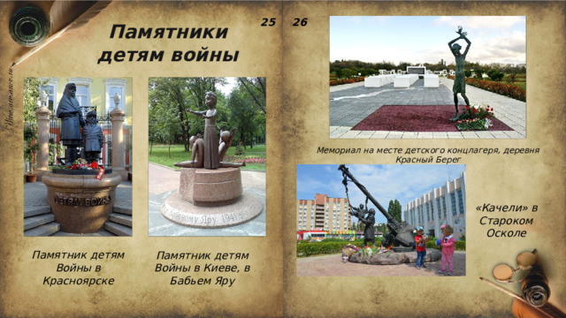 26 25 Памятники детям войны Мемориал на месте детского концлагеря, деревня Красный Берег «Качели» в Староком Осколе Памятник детям Войны в Красноярске Памятник детям Войны в Киеве, в Бабьем Яру 