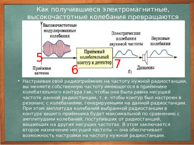 Вы уже знаете о том, что мощность электромагнитной волны пропорциональна четвёртой степени её частоты: P ~ v 4 Электромагнитные волны звуковых, т. е. низких, частот (от 16 до 20 000 Гц) имеют малую мощность и после излучения очень быстро затухают. Этим и вызвана необходимость использования модулированных радиоволн, которые благодаря высокой несущей частоте распространяются на большие расстояния и при этом содержат информацию о форме передаваемых звуковых колебаний. 1 3 4 2 Процесс изменения амплитуды высокочастотных колебаний с частотой, равной частоте звукового сигнала, называется амплитудной модуляцией.